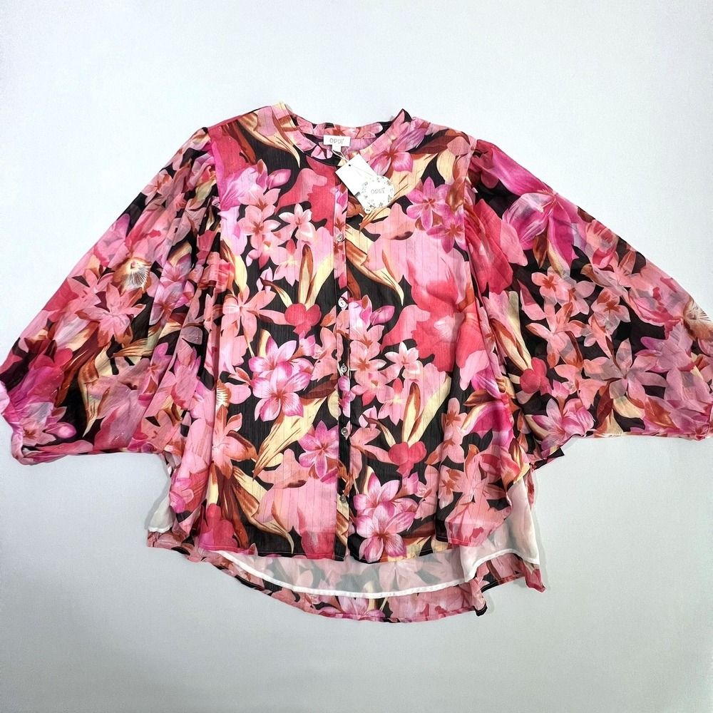 ODDI Blouse 3XL NWT Floral Button Down Metallic Gold Stripe Balloon Sleeve Plus